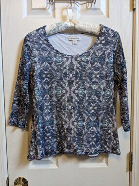 Coldwater Creek Blue White Gray Kaleidoscope Long Sleeve Double Layer Top